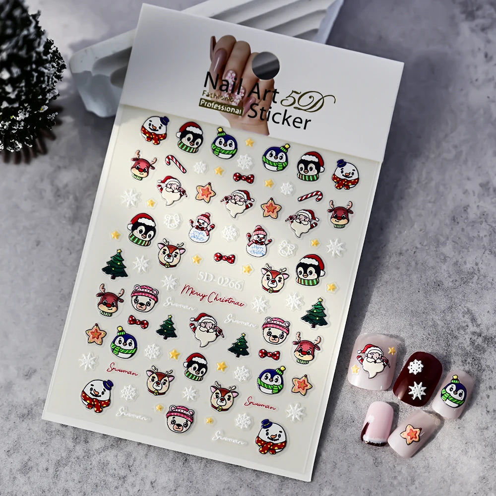 Christmas 5D Embossed Snowman Snowflakes Nail Art Stickers 8*10cm Cartoon Santa Claus Elk Christmas Decal DIY Manicure Decals &*