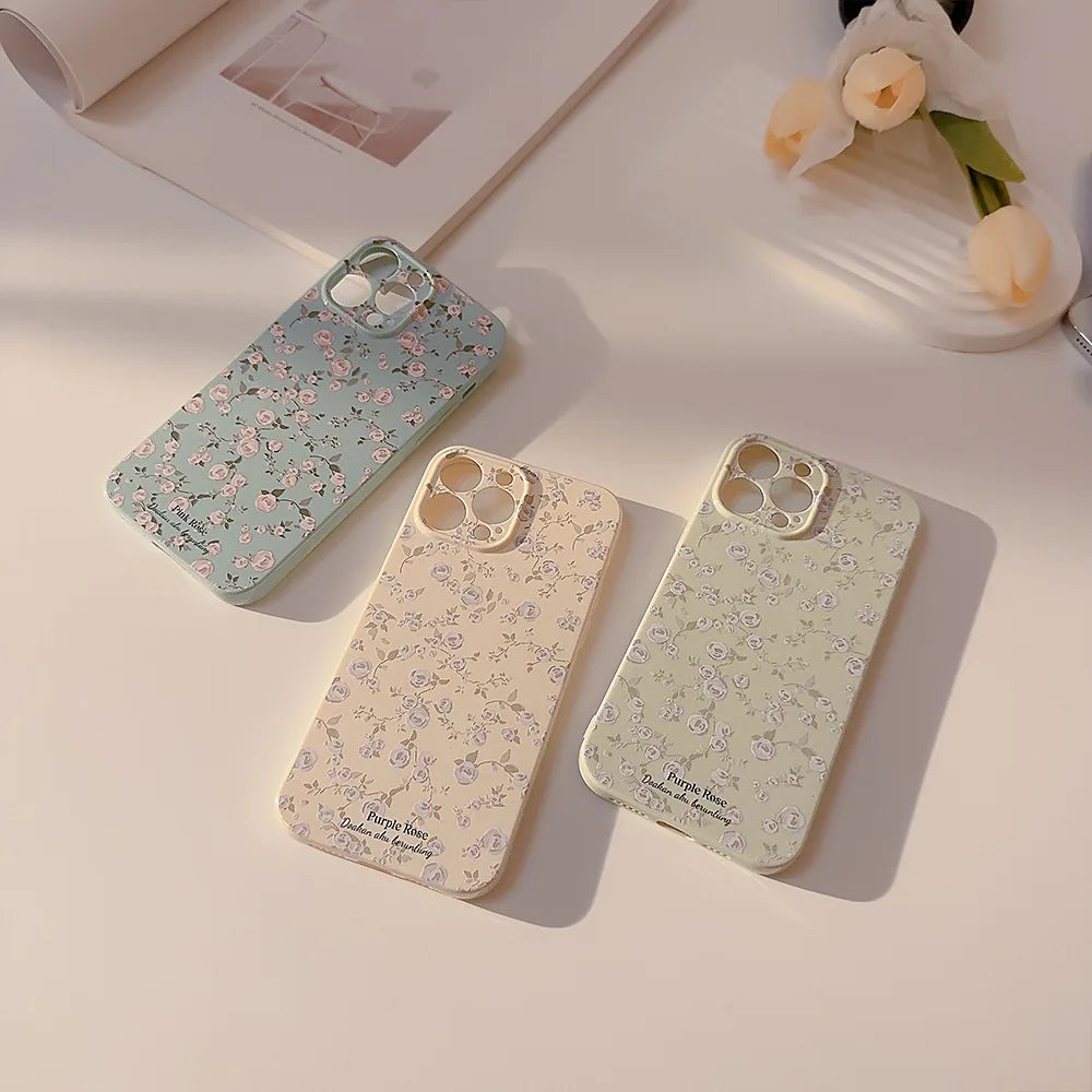 Retro Small Floral Rose Flower Pattern Cover Case for iPhone 16 15 14 13 12 11 Pro Max Plus Phone Shockproof Protective