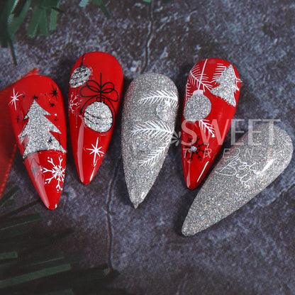 Silver Glitter Christmas Nail Stickers 3D Winter Tree Snowflake Feather Leaf Lantern Gift Wine Holographic Manicure Slider Tips