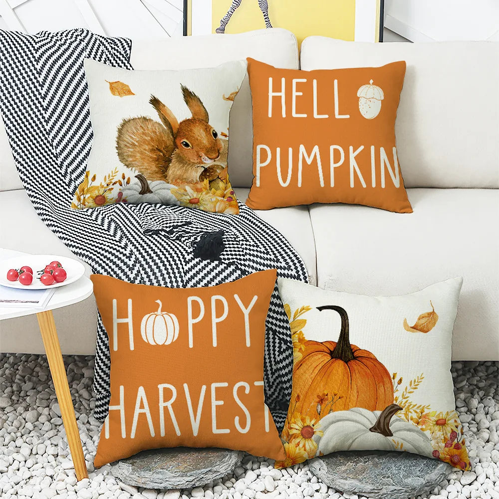 New Fall Thanksgiving Decorative Pillow Cover 45x45cm Couch Cushion Cover Pumpkin Squirrel Print Pillowcase Holiday Decorations