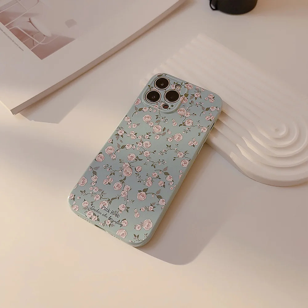 Retro Small Floral Rose Flower Pattern Cover Case for iPhone 16 15 14 13 12 11 Pro Max Plus Phone Shockproof Protective