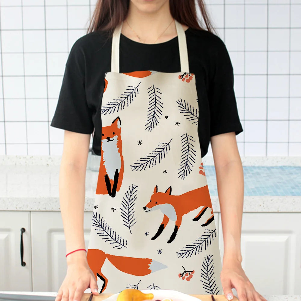 1Pcs Cute Fox Cat Pattern Apron Women Men Kids Waterproof Cooking Oil-proof Kitchen Cooking Bib Aprons Cotton Linen Home Textile