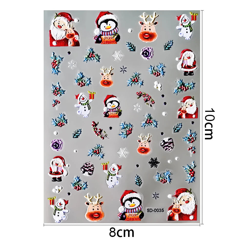 Christmas 5D Embossed Snowman Snowflakes Nail Art Stickers 8*10cm Cartoon Santa Claus Elk Christmas Decal DIY Manicure Decals &*