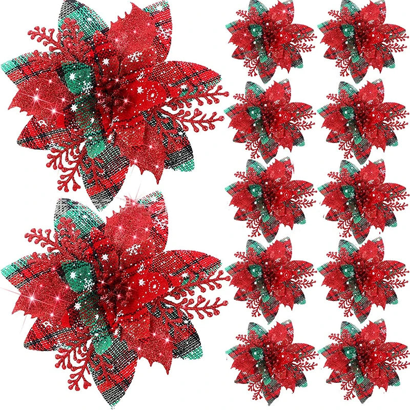 5pcs 14.5cm Glitter Artificial Christmas Flowers Christmas Tree Decoration Happy New Year Ornaments Xmas Fake Flowers