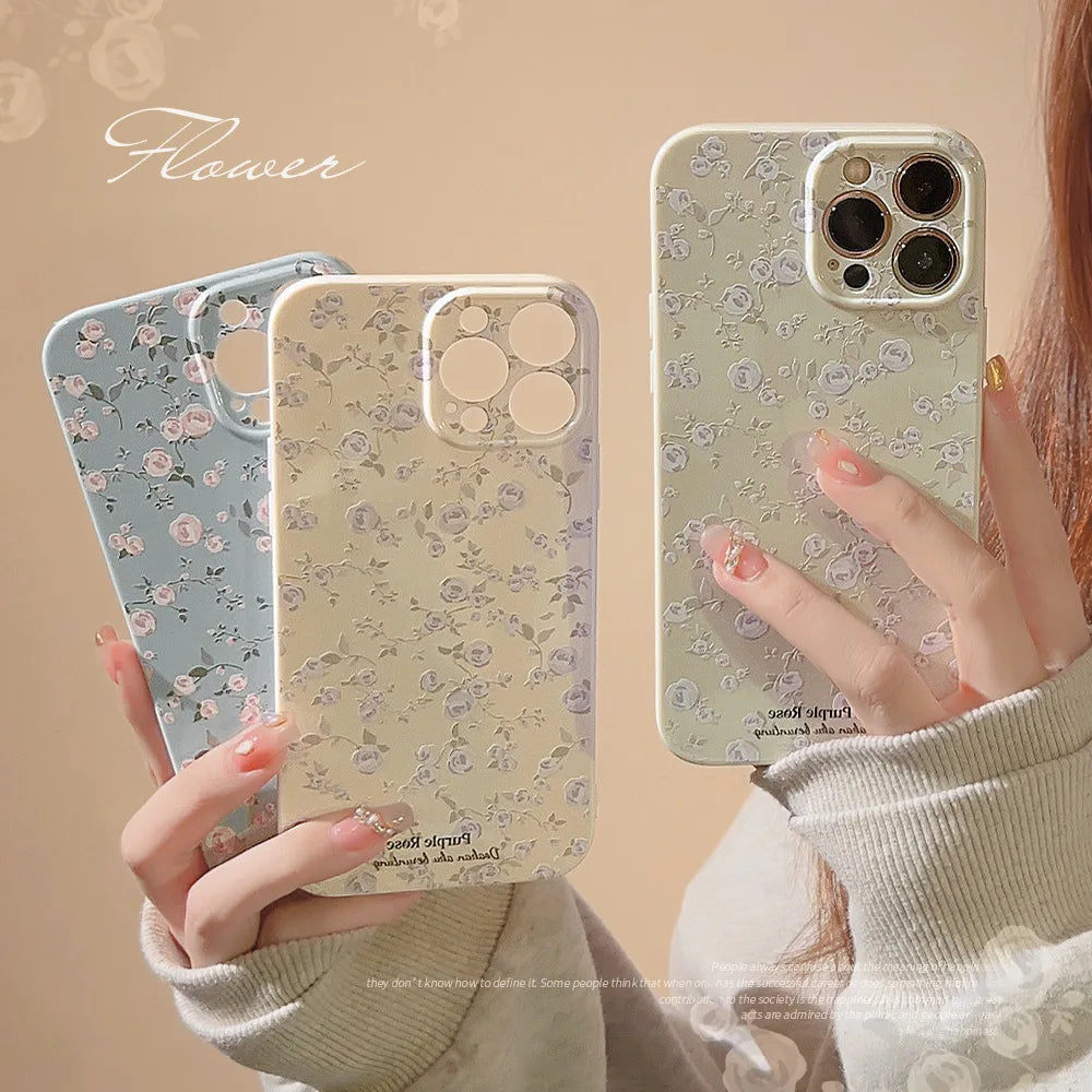 Retro Small Floral Rose Flower Pattern Cover Case for iPhone 16 15 14 13 12 11 Pro Max Plus Phone Shockproof Protective