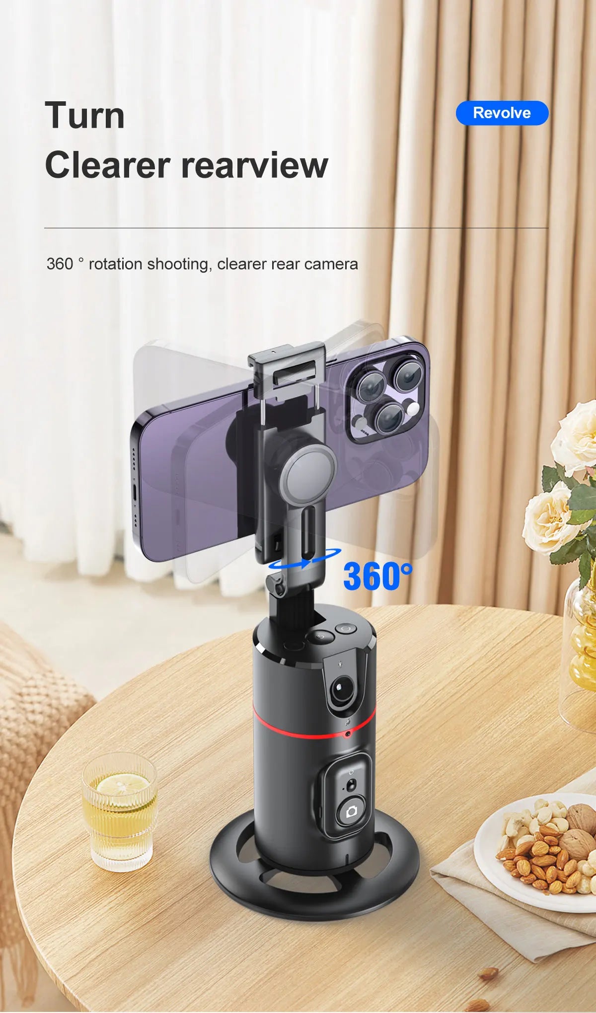 Phone Stabilizer Smart Facial Tracking Detachable Phone Clip with Fill Light Desktop Phone Stand Wireless Selfie Stick Tripod