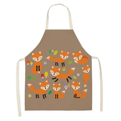 1Pcs Cute Fox Cat Pattern Apron Women Men Kids Waterproof Cooking Oil-proof Kitchen Cooking Bib Aprons Cotton Linen Home Textile