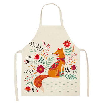 1Pcs Cute Fox Cat Pattern Apron Women Men Kids Waterproof Cooking Oil-proof Kitchen Cooking Bib Aprons Cotton Linen Home Textile