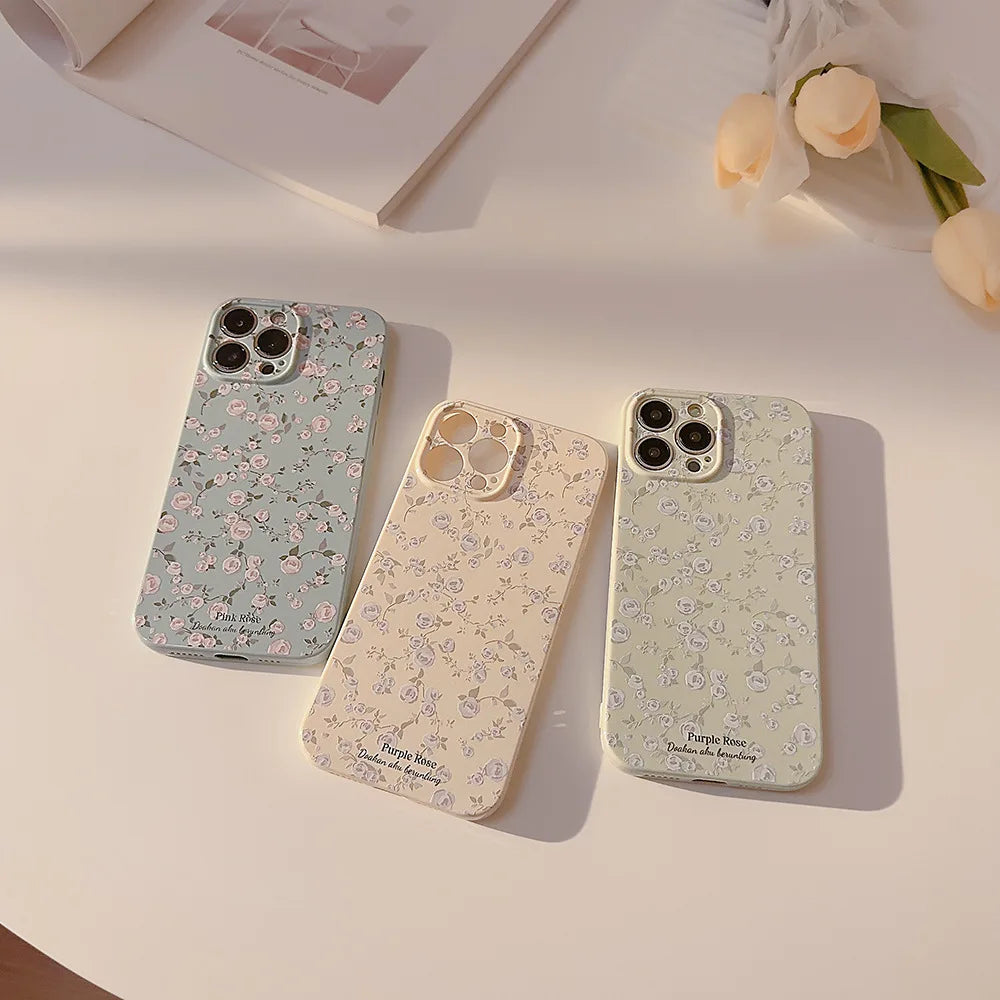 Retro Small Floral Rose Flower Pattern Cover Case for iPhone 16 15 14 13 12 11 Pro Max Plus Phone Shockproof Protective